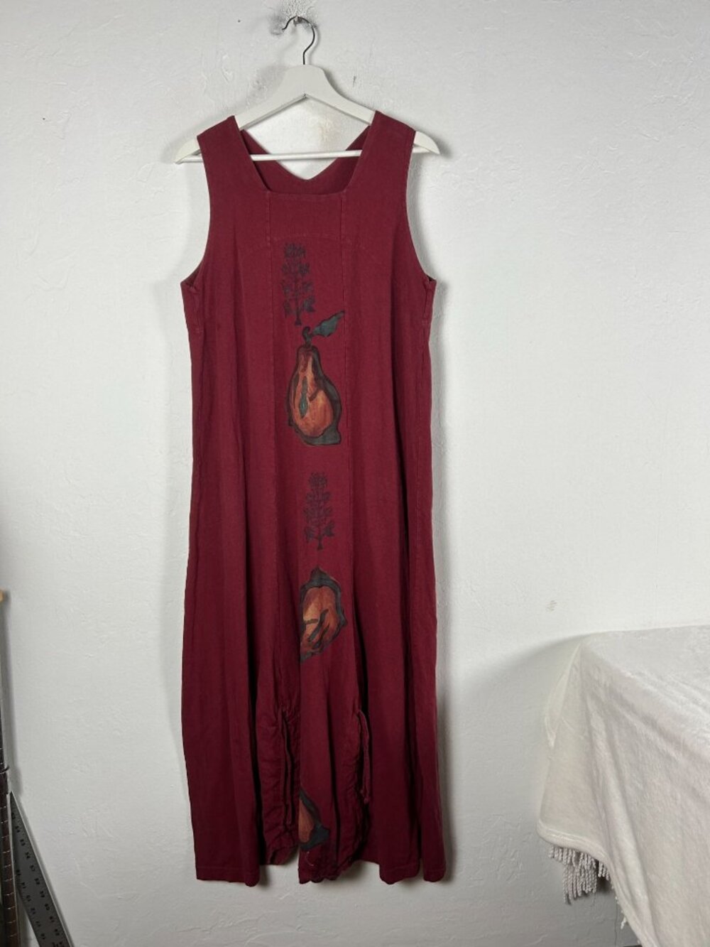 RARE Blue Fish Womens Square Neck Sleeveless Hand-Painted Pear Dress Burgundy
